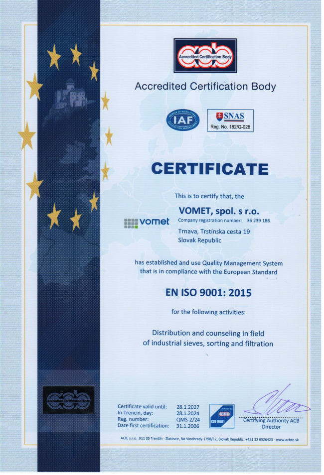 Certifikát EN ISO 9001: 2015